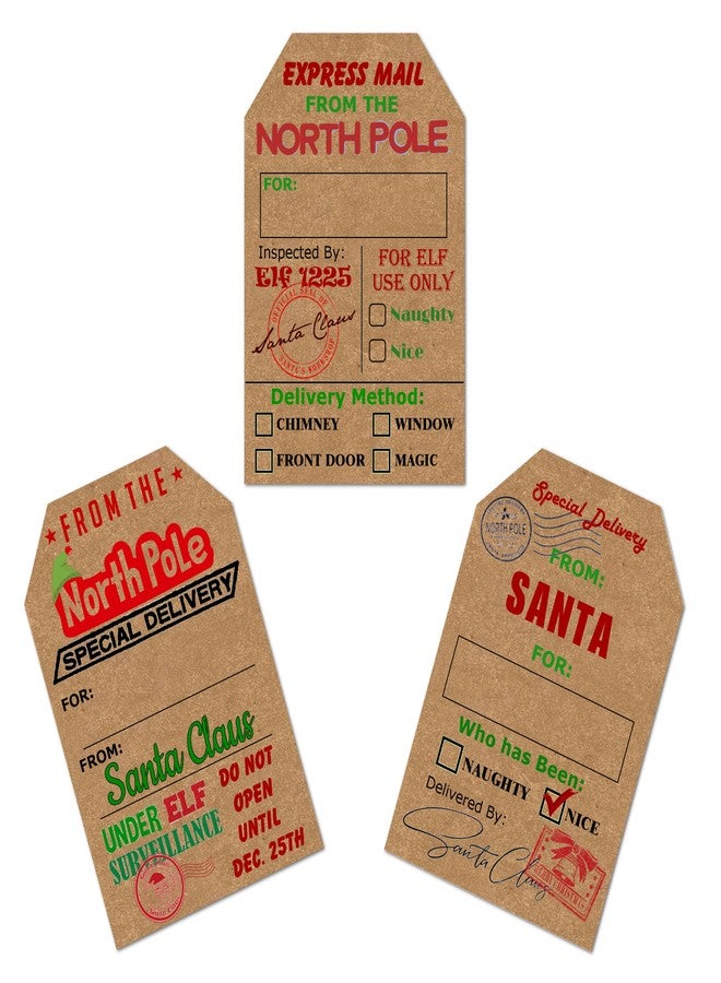 RokAPary from Santa Claus Gift Tags, Natural Kraft 2” x 3” Inch Stickers, Delivery from The North Pole Christmas Labels. 48 Labels. Made in USA - Image 1